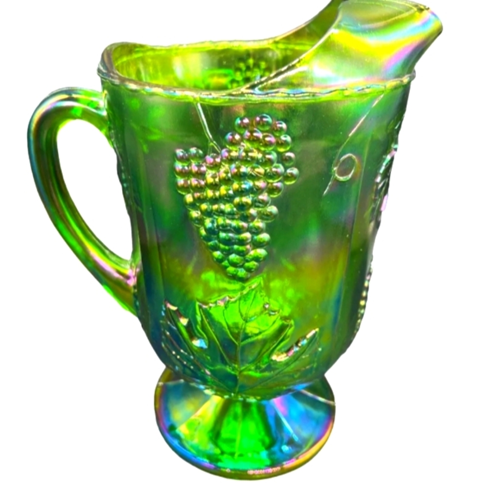 Vintage Indiana Carnival Glass Iridescent Green Harvest Grape Pitcher.